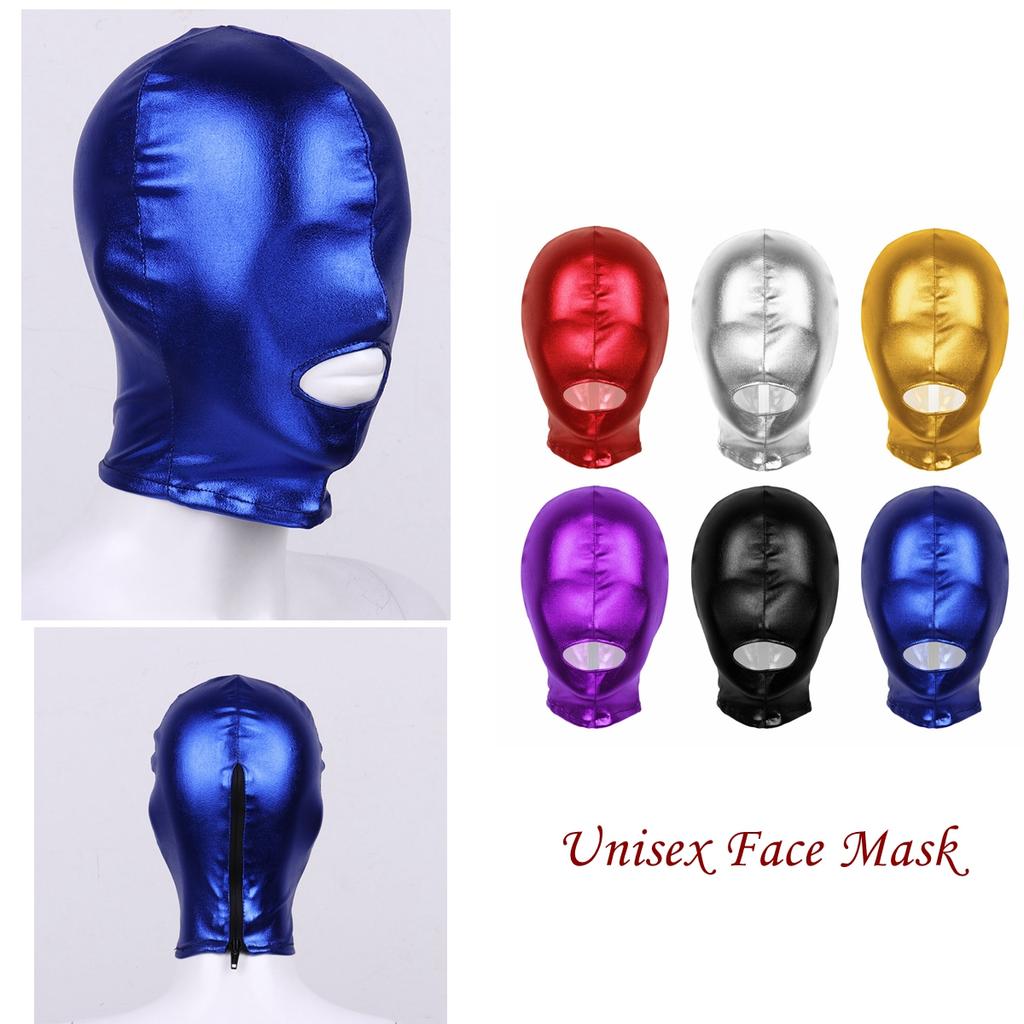Unisex Metallic Latex Face Mask - Shiny Full Head Hood with Open Mouth for Role Play Parties