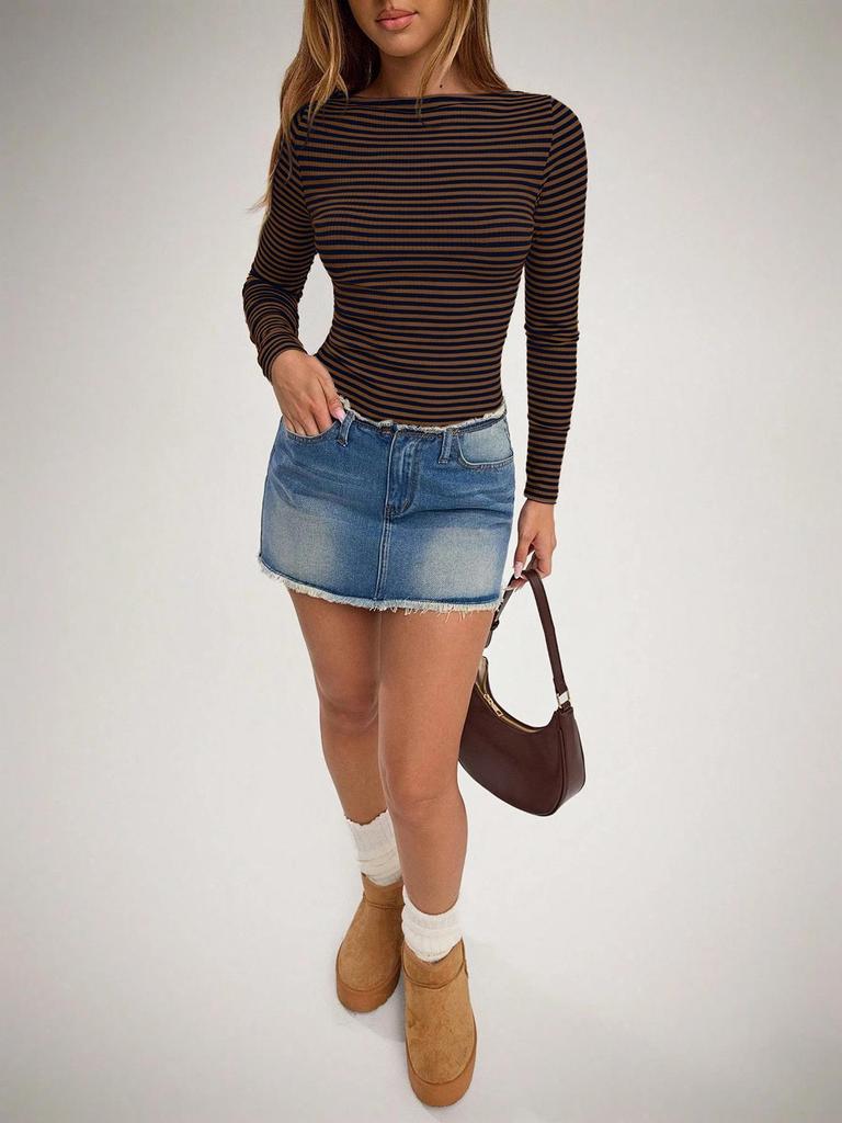 Women's Slim Fit Casual Striped Long-Sleeve Autumn Base Layer Top