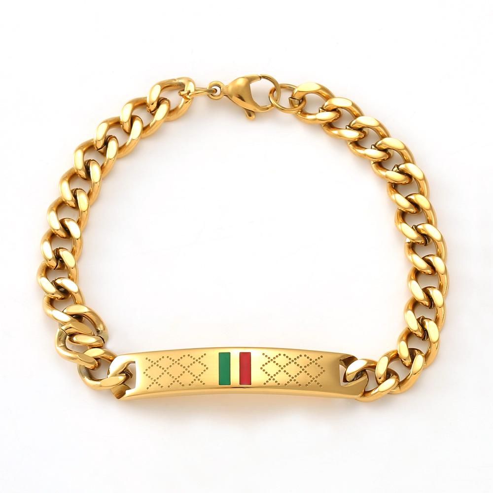 

Men s Stainless Steel Bracelet with Red, Green, Gold, and Black Accents