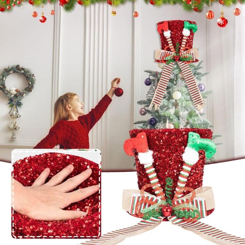 Christmas Tree Toppers Hat Large Christmas Tree Hat with Bows Seasonal Holiday Decorations Tabletop Ornaments for Home