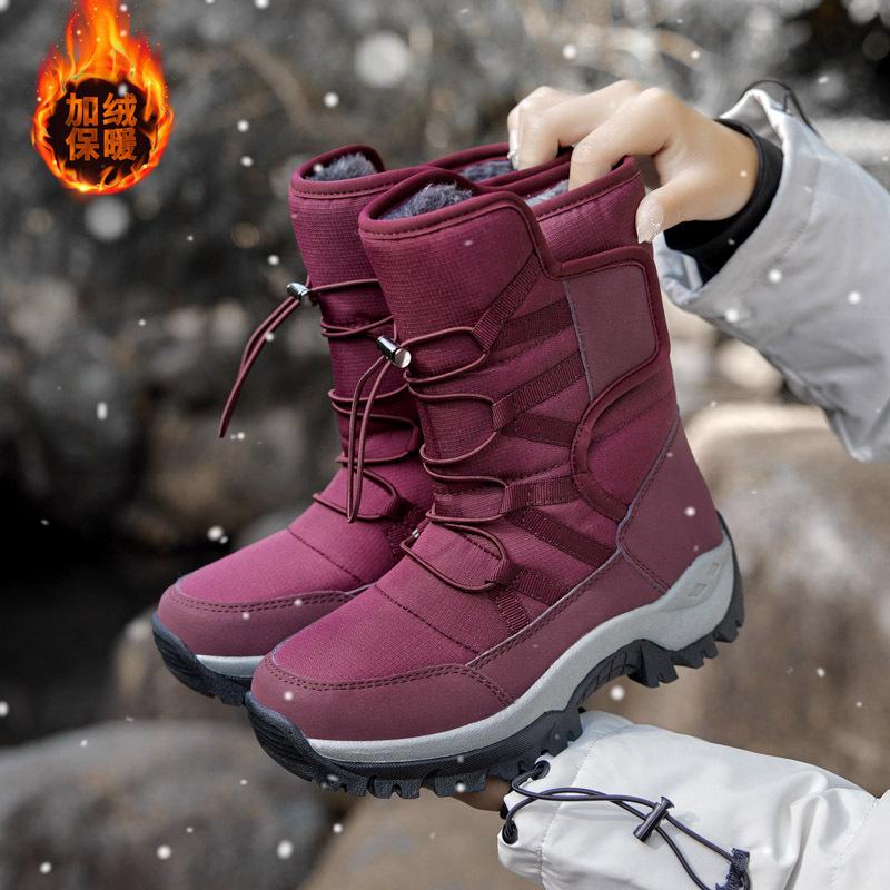 Outdoor Snow Boots Women's Medium Tube Velvet Thickened Snow Country Ski Shoes Changbai Mountain Harbin Shoes Integrated with Fur