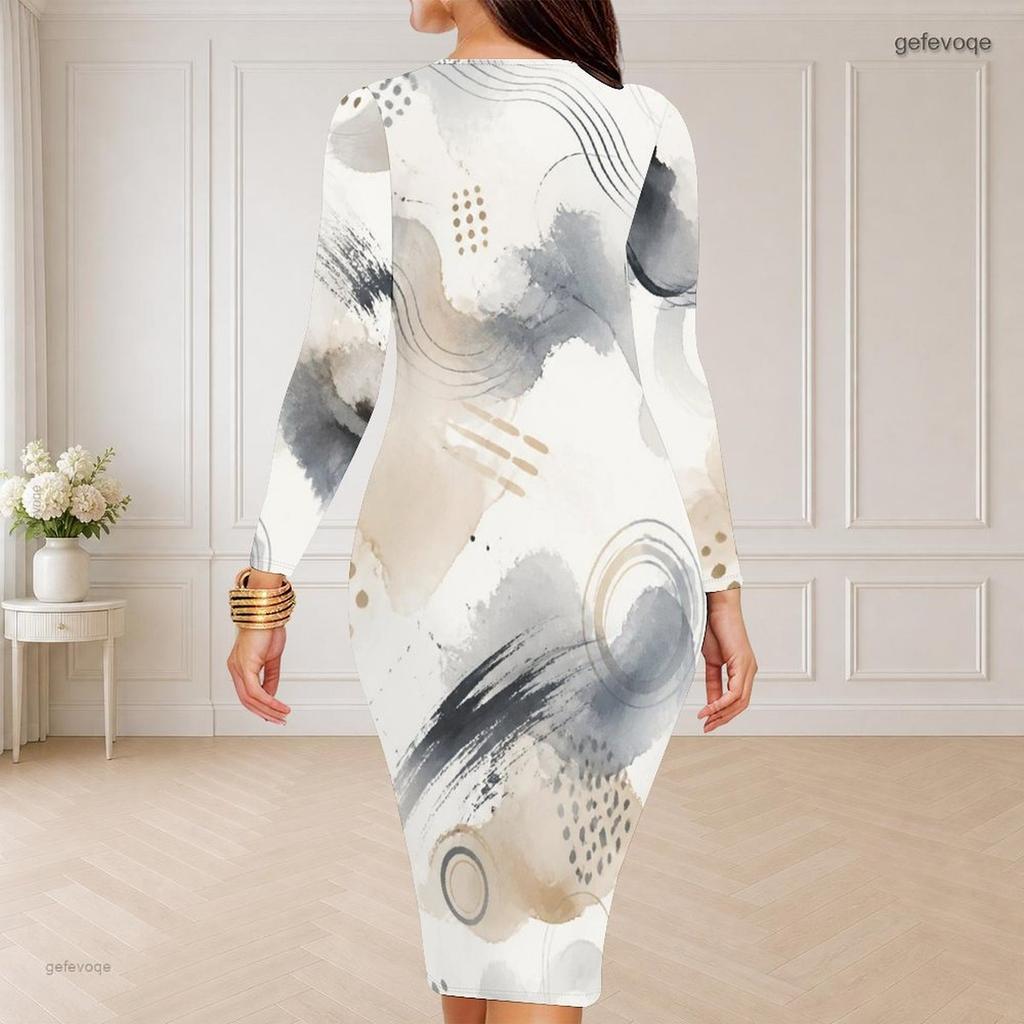 Women Plus Size Round Neck Long Sleeve Printed Bodycon Midi Dress