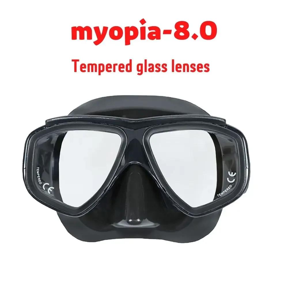 Masca de scufundări cu dioptrii pentru adulți Miopie cu sticlă securizată Spray antiaburire, Fustă din silicon, Negru transparent
