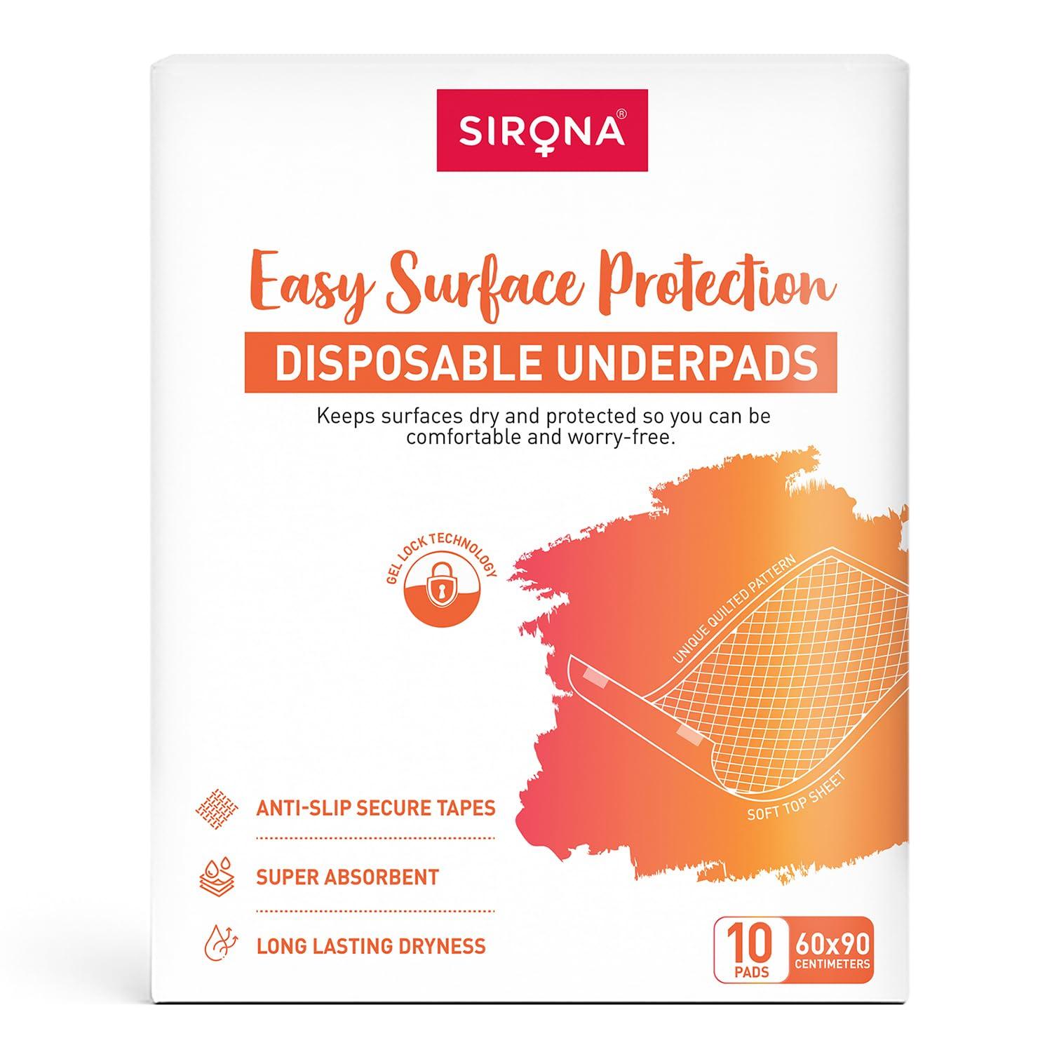 

Sirona Disposable Underpads for Women - Pack of 10 (Large) | Soft & Leakproof Bed Protection with Anti-Slip Tapes | for Heavy Periods & Post Surg