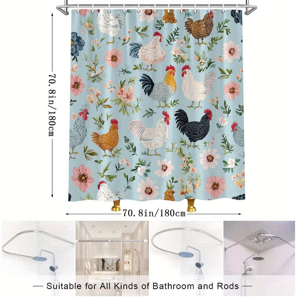 1pc Pastel Farm Life Shower Curtain - Soft Repeating Animal & Flower Pattern, Whimsical Watercolor Style, Blue Background,