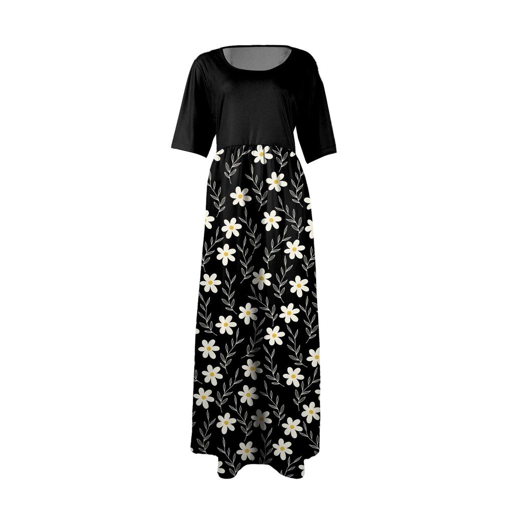 Women's Fashion Casual Short Sleeve Round Neck Splicing Floral Print Elegant Temperament Dress