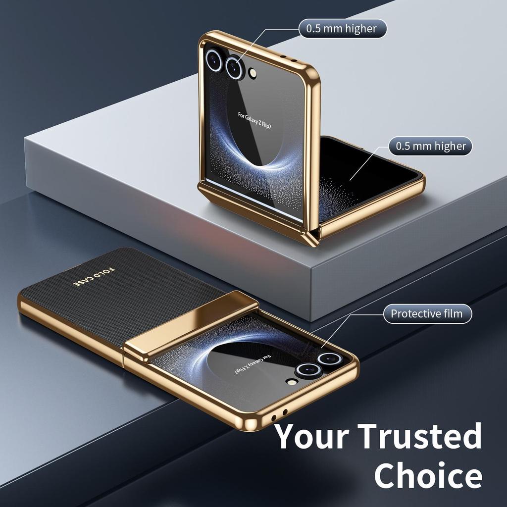 Cross-border Compatible Samsung Z Flip7 Electroplated Diamond Leather Phone Case with Foldable Full Coverage Hinge.