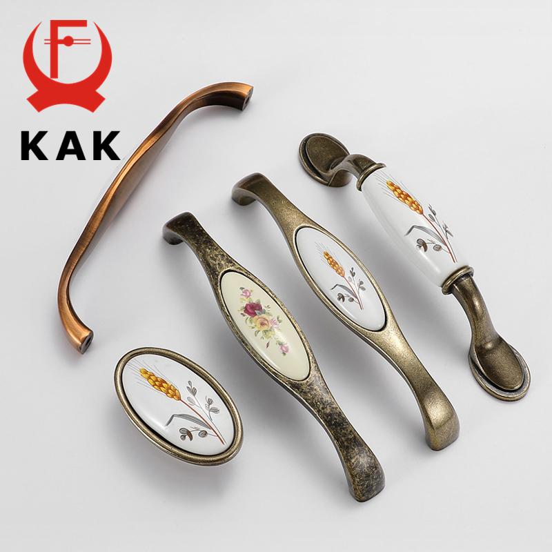 KAK Vintage Bronze Ceramic Cabinet Handles Wardrobes Door Pulls European Style Kitchen Handle Drawer Knobs Furniture Handle