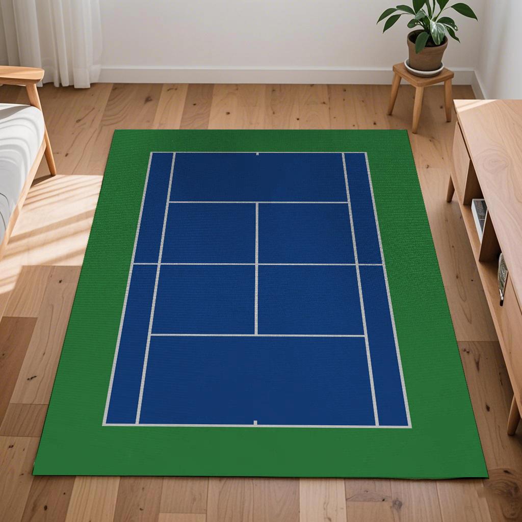 Tappeto Grande per Soggiorno con Motivo Campo da Tennis Bordo Verde con Motivo Campo Blu Tappeto Antiscivolo per Decorazione Casa