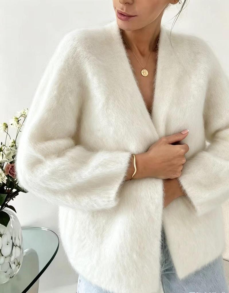 Pure Color Faux Mink Fur V-Neck Women's Cardigan - Loose Fit & Larger Sizes Available