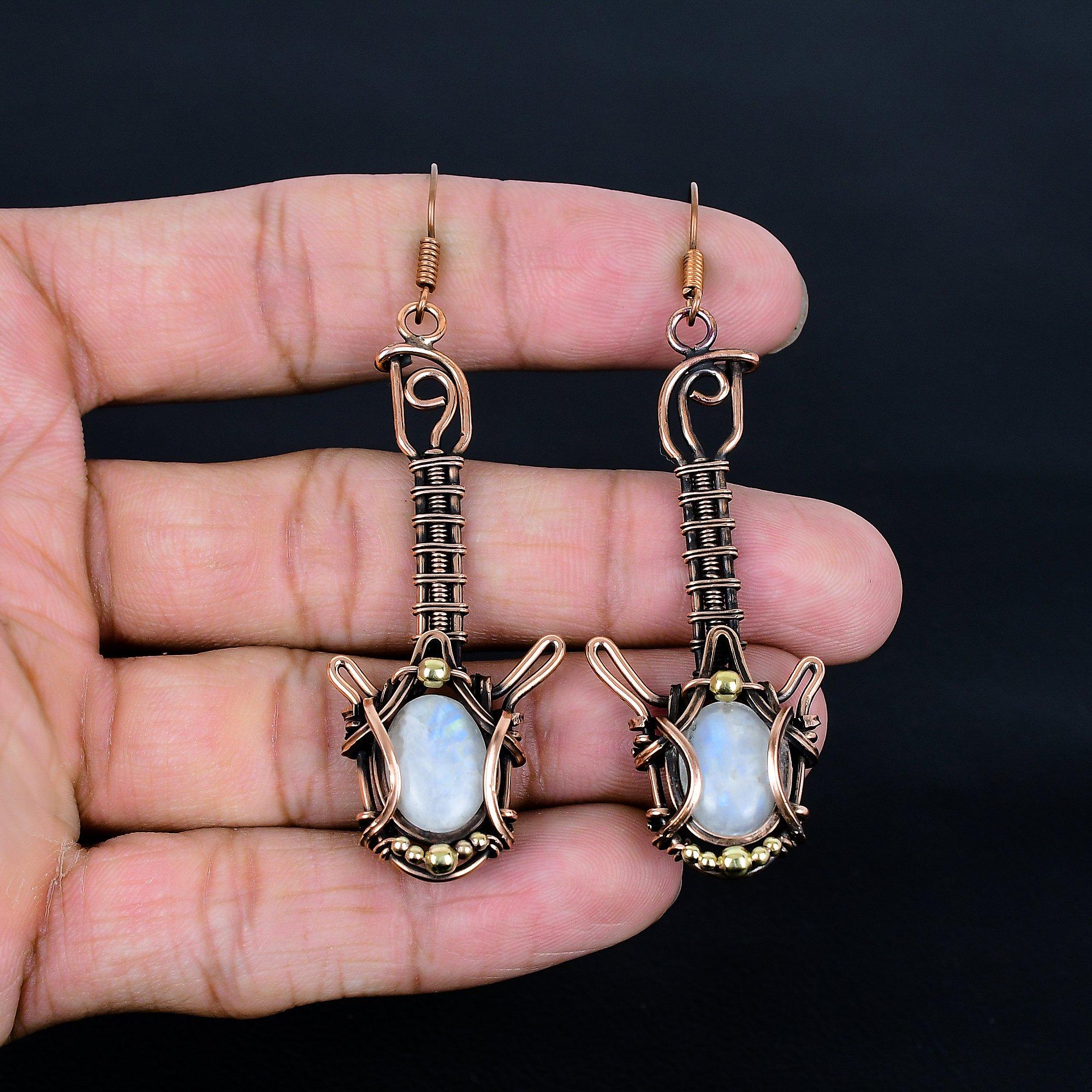 

Moonstone Earrings, 999 Copper Wire Wrapped Jewelry, Gift For Women Handmade Earrings Gemstone Jewelry 2.55 Inches