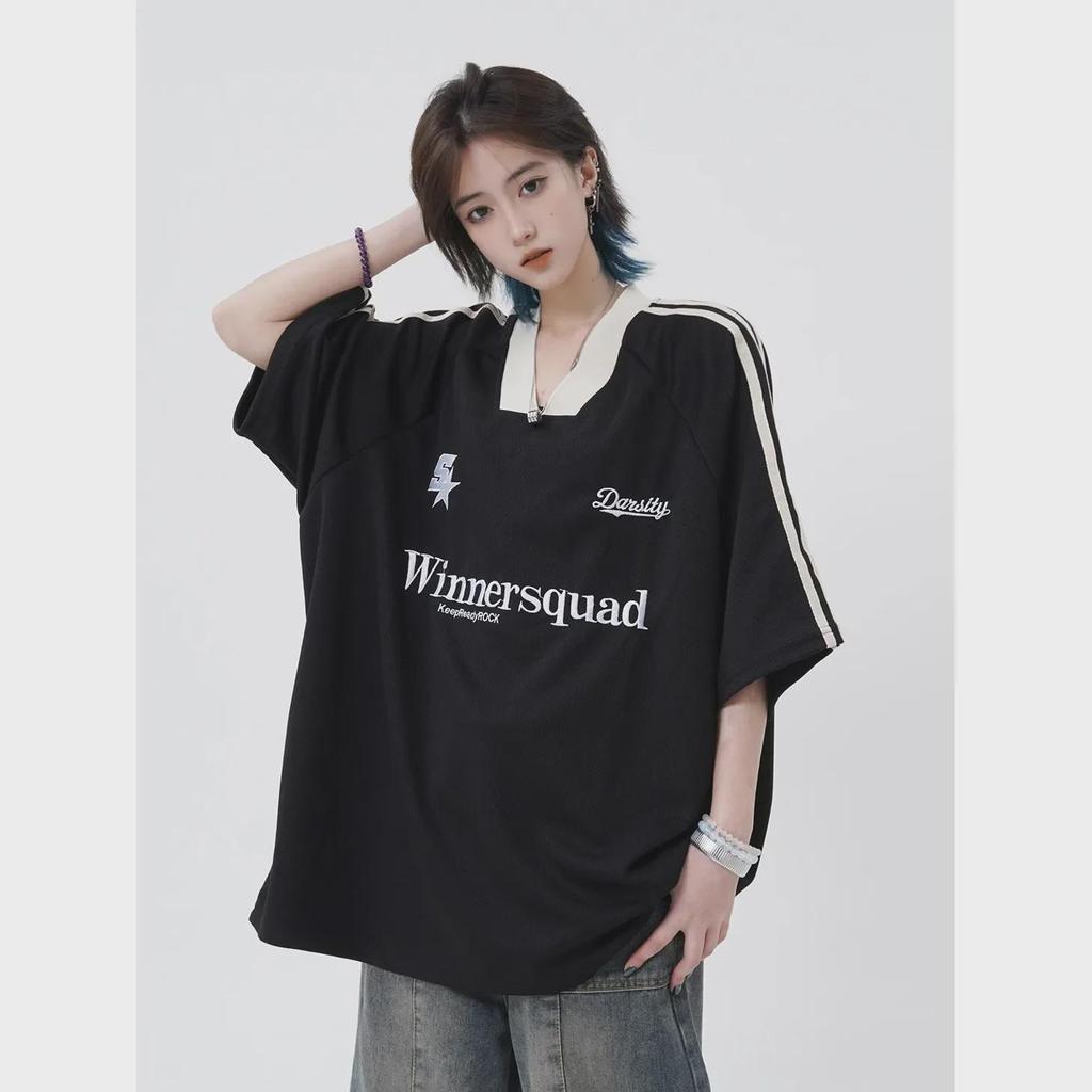 V-neck Oversized Hip-Hop Retro Embroidered Jersey T-shirt - Unisex Short Sleeve