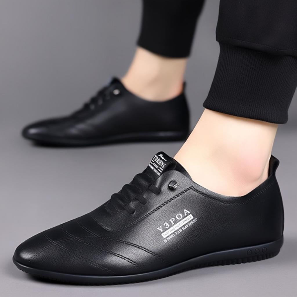 Men's Casual One-Step Loafers - Soft PU Upper, Rubber Sole, Round Toe, Striped/plain Black Design, Lightweight and Comfortable, Casual Wear