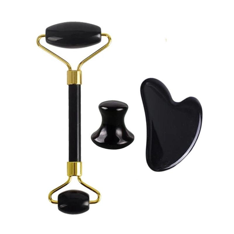 2/3/4 Stück Natürlicher Rosenquarz Obsidian Jade Roller Gua Sha Stein Set Gouache Schaber Gesichtsstraffung Anti-Falten Hautpflege Werkzeuge