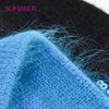 SOMALER Winter Hats for Women Warm Angora Wool Knitted Hat Fashion Sequin Beanie Hat Thick Long Rabbit Fur Hair  Skull Cap Bonnet
