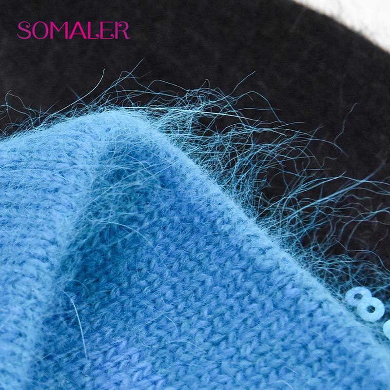 SOMALER Winter Hats for Women Warm Angora Wool Knitted Hat Fashion Sequin Beanie Hat Thick Long Rabbit Fur Hair  Skull Cap Bonnet