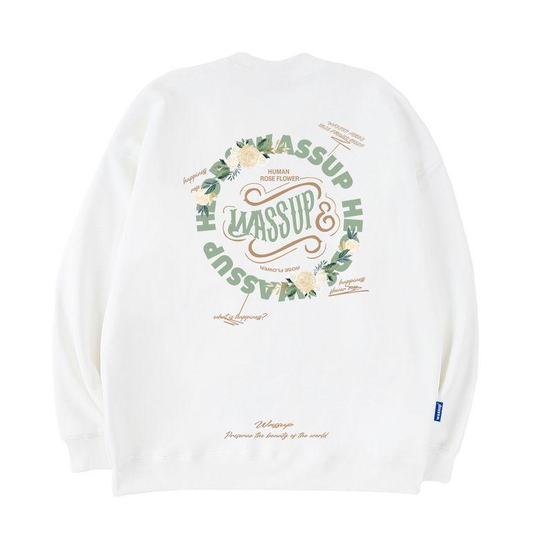 Wassup Rose Circle Letter Trendy Brand Crew Neck Sweatshirt for Men, New Heavyweight Pullover Top for Couples in Spring and Autumn