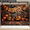 A 2D Flat-print Banner, Featuring a Halloween Background, with a Magical Cottage On the Wooden Floor.
