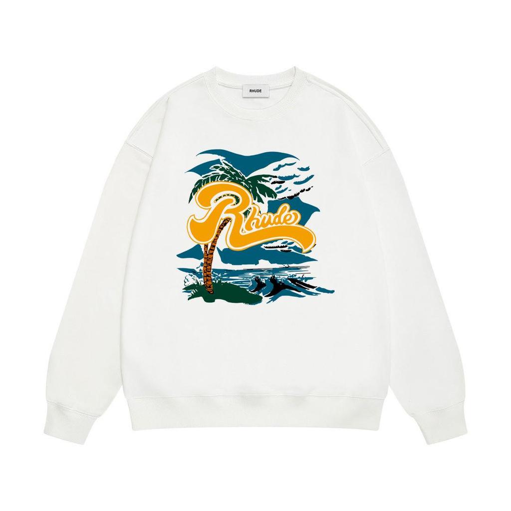 New Men's RHUDE Letter Print Loose Terry Round Neck Hoodie