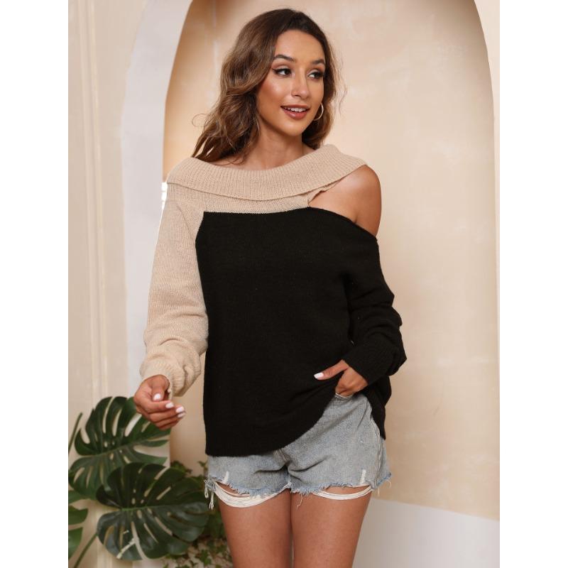 Autumn and Winter Women's Sexy Strapless Knitted Irregular Lapel Collision Splicing Loose Sweater