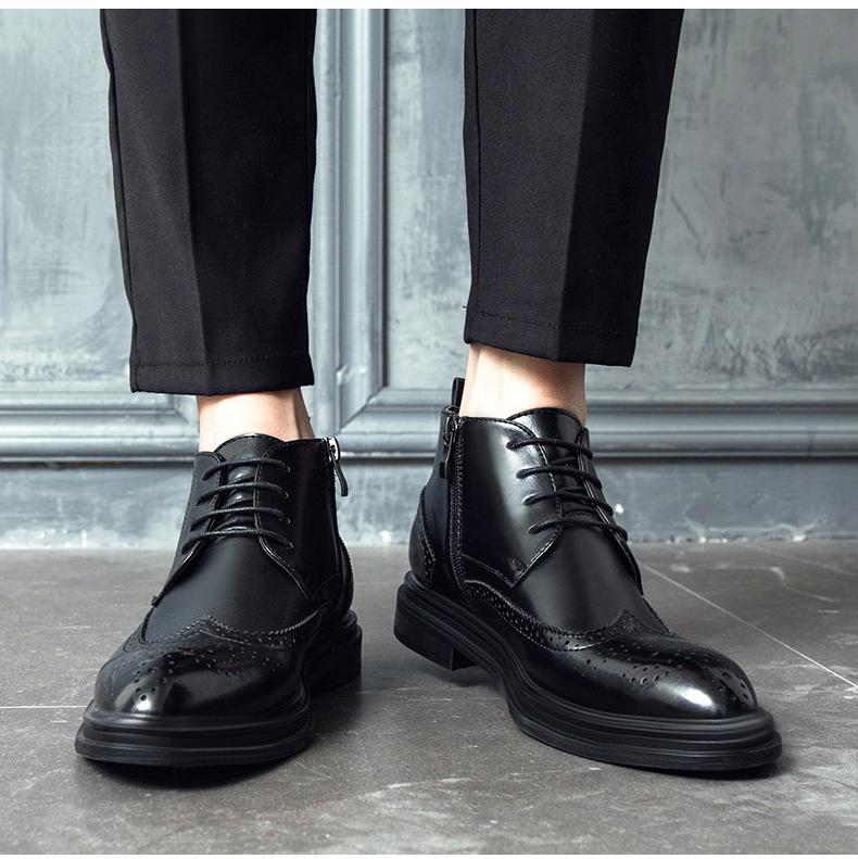 Men's Winter Mid-High Leather Brogue Boots with Velvet - Elevating Chelsea & Genuine Leather Martin Boots.