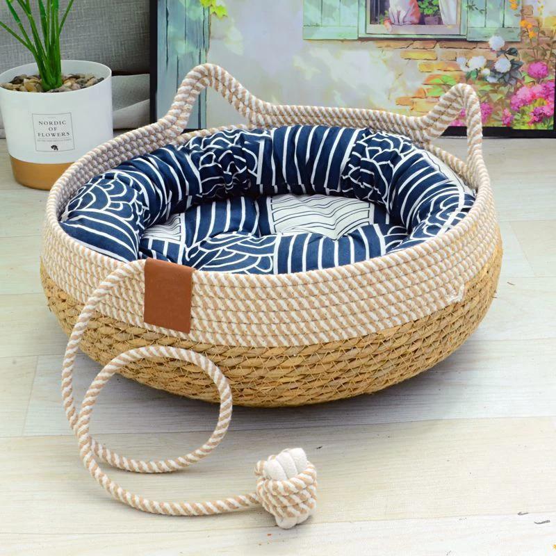 Woven Four Seasons Cat Bed Removable Upholstery Sleeping House Cat Scratch Floor Rattan Wear-resistant Washable Cat Pet Supplies