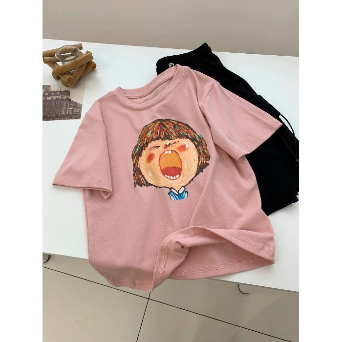 Summer Pure Cotton T Shirts Women's O-neck Short-sleeve Funny Cartoon T-shirt Casual Elastic Skinny Y2k Crop Tops Women Clothes