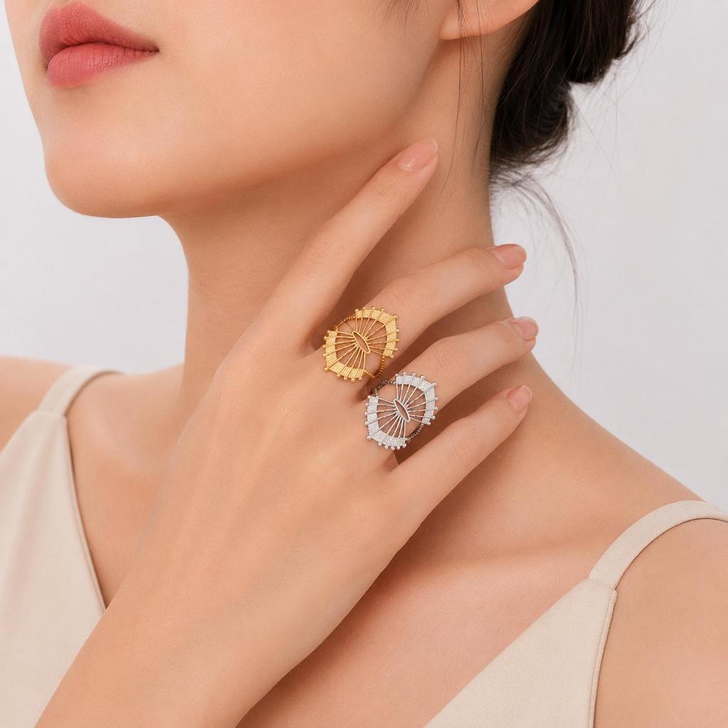 Stylish Stainless Steel Fan-Shaped Adjustable Open Ring for Couples