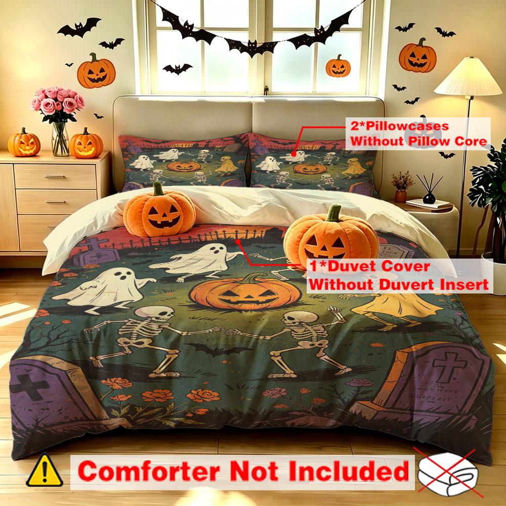 Halloween Duvet Cover Set 3Pcs Pumpkin Ghost Skeleton Graveyard Print Soft Microfiber Bedding with Pillowcases