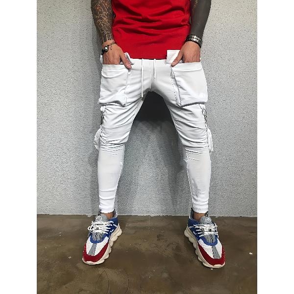 Seitliche Reißverschlusstaschen Bänder Herren Joggerhose Baumwolle Hip Hop Streetwear Jogginghose Bleistifthose