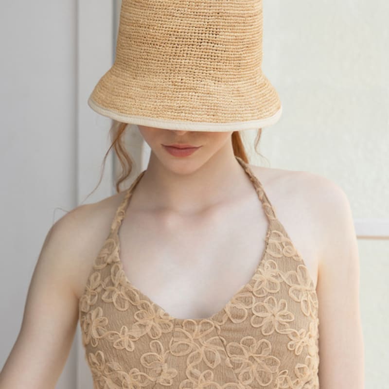 TATIANA Monet Natural Raffia Cloche Bucket Hat HT8183 Ivory