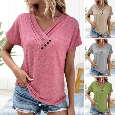 Women T-shirt V-Neck Short Sleeve Loose Fit Tee Shirt Buttons Decor Solid Color Pullover Tops Daily Wear