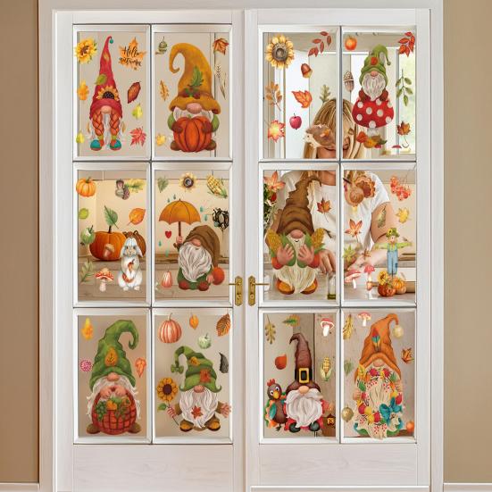 Autumn Theme Window Murals 9Pcs Fall Gnome Static Clings, Thanksgiving Maple Leaf Turkey Pumpkin Removable PVC Glass Clings Stickers, Reusable