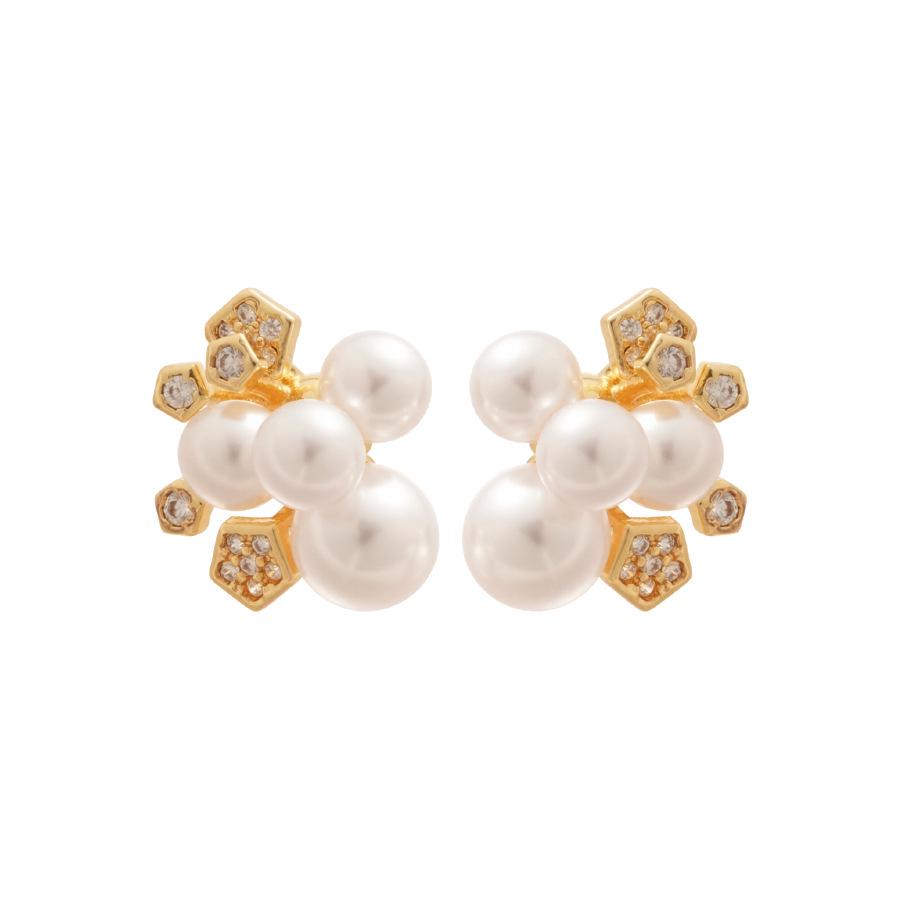 14k Gold Plated Silver Needle Zircon & Imitation Pearl Flower Stud Earrings - French Retro High-End Earrings for Women
