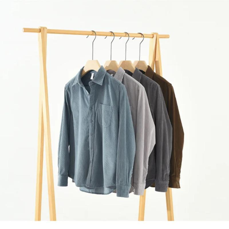 Korean Fashion Men Tops Spring/Autumn Daily Casual Long Sleeve Pure Cotton Shirts Square Collar Corduroy Solid Color Shirt Simple Style Men Clothing