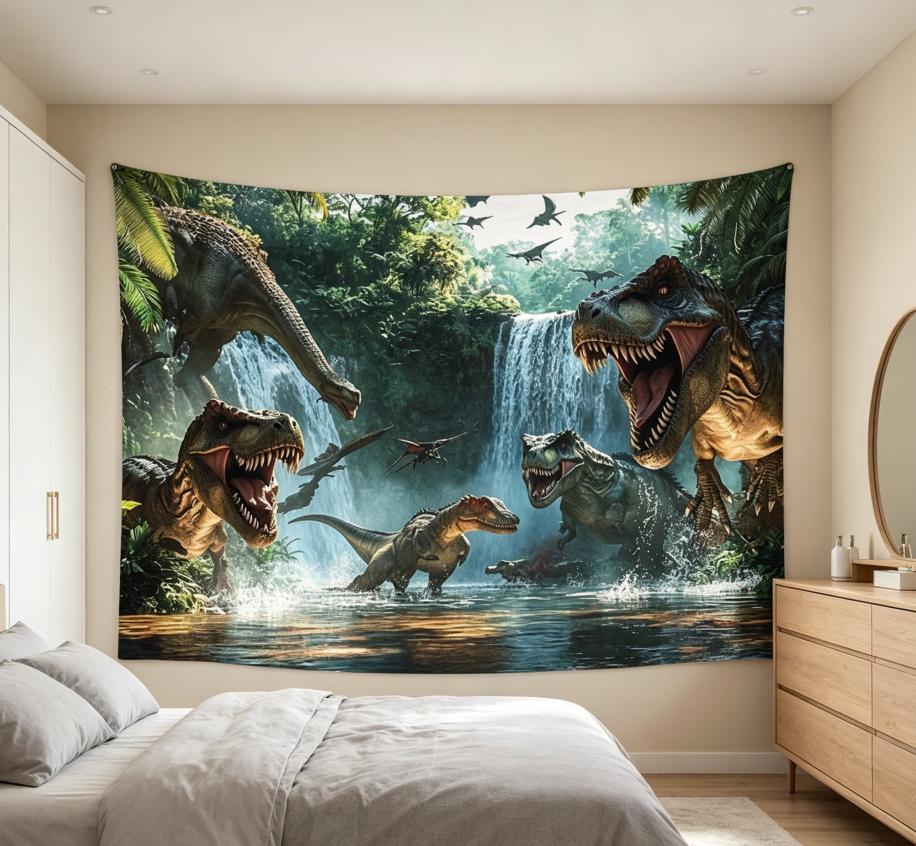 Realistische Dinosaurier Dschungel Wandteppich Prähistorischer Wasserfall Wandbehang Für Kinderzimmer Spielzimmer Wohnzimmer Ästhetische Dekoration Mult