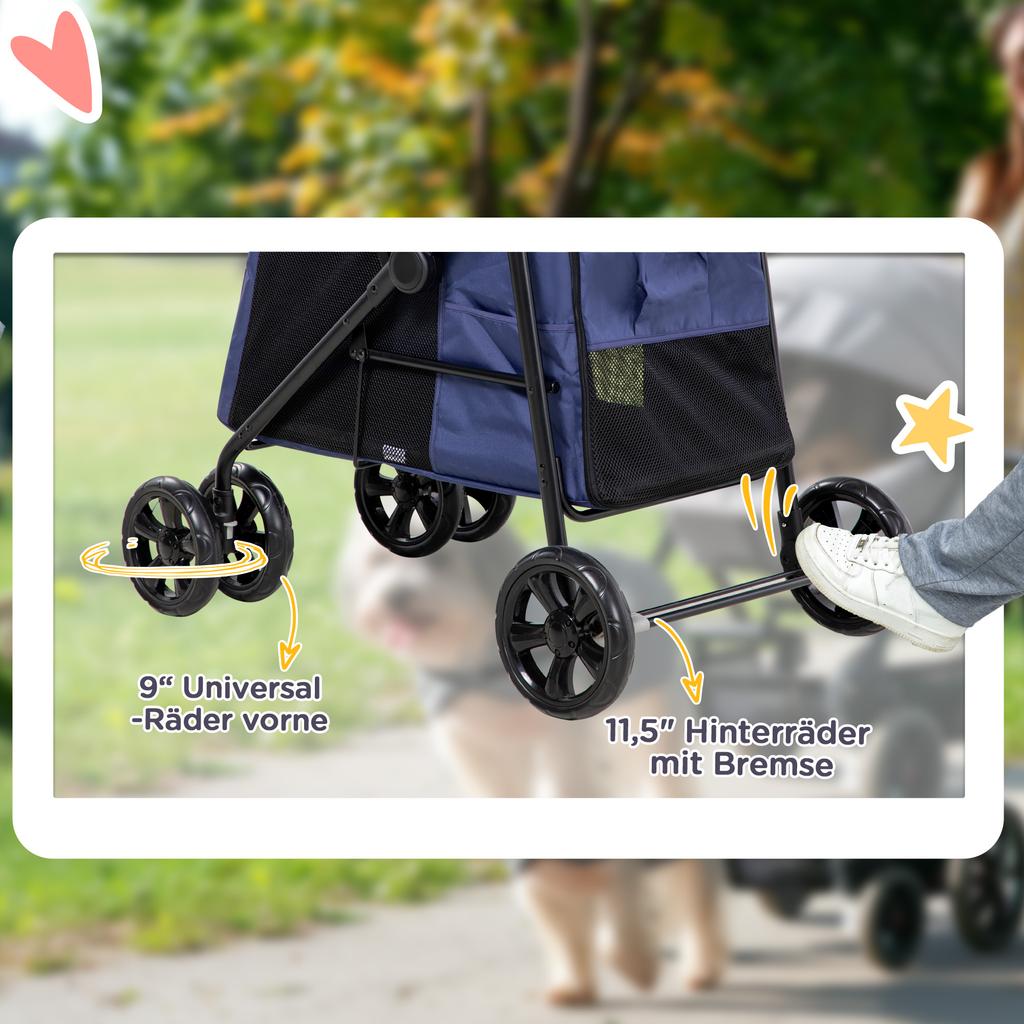 Dog Pram Dog Stroller 4 Wheels Pet Pushchair with Rolling Door, Cushion, Safety Leashes, for Small and Medium Breeds, Dark Blue