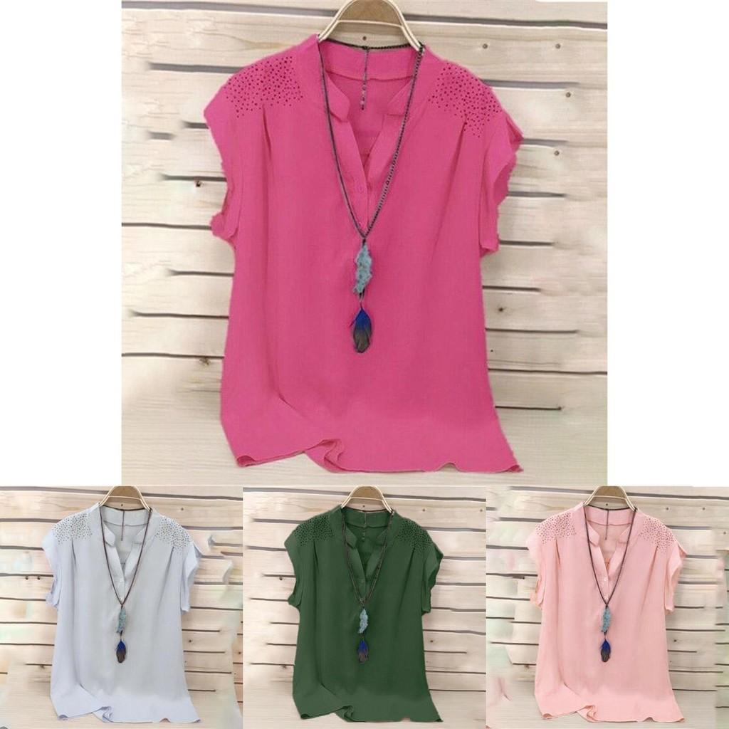 Elegant Womens Summer Button V Neck Short Sleeve T Shirt For Plus Size Ladies