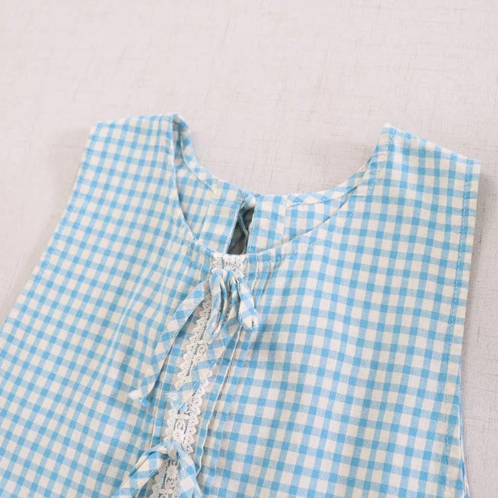 Sweet Mori Girl Plaid Embroidered Lace Sleeveless Vest Dress with Front and Back Ties