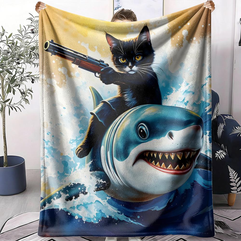 Cat Riding a Shark Throw Soft Flannel AC Blanket Lightweight Summer Nap Throw Cozy  Blanket for Sofa Bed Travel Home