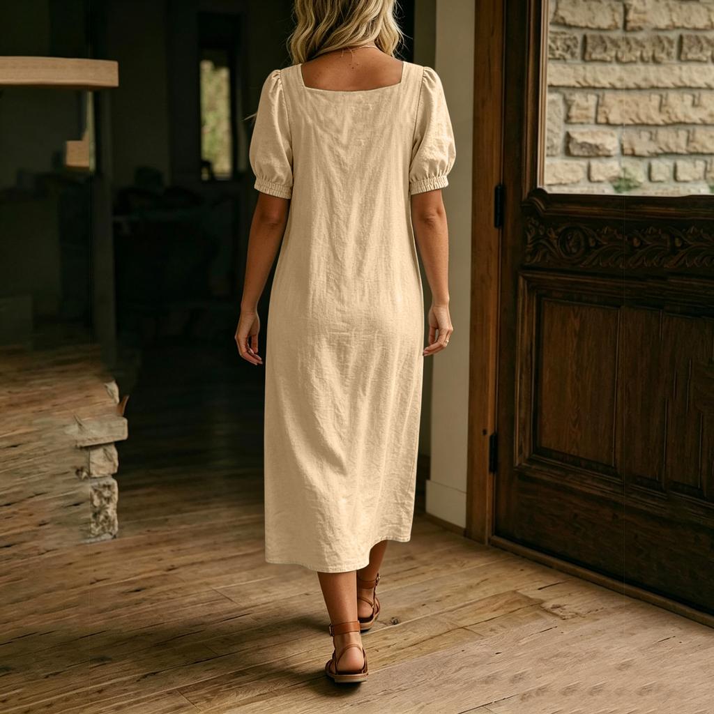 Women Casual Solid Color Square Neck Short Sleeve Linen Cotton Blend Midi Dress with Pockets Lightweight Summer Dress