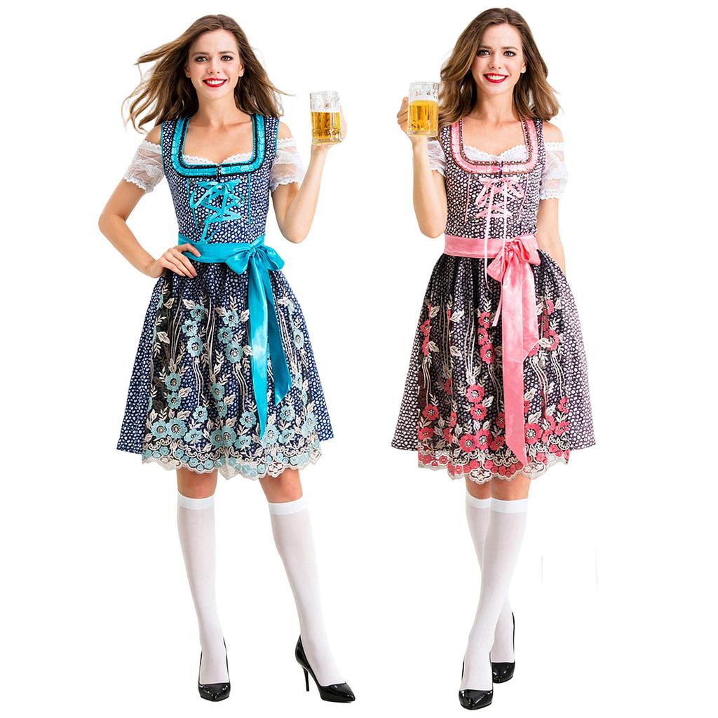 Traditional Style Bavarian Dress Oktoberfest Costume Beer Maid Uniform with Embroidered Apron and Lace Trimmed Sleeves for Women