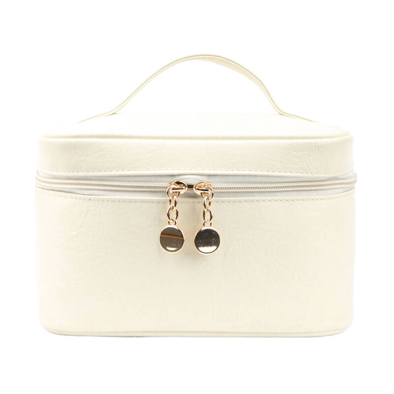 New Leather Portable Makeup Case Decorative Zipper Handle Multiple Compartments Travel Skincare Toiletries Storage Bag Fashi