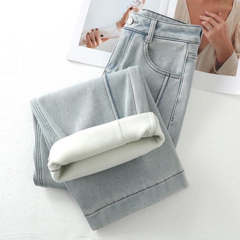 Damskie Jeansy Szerokie nogawki 2024 Light Retro - Plus Aksamit, Pogrubione, Luźny Draping, Proste Nogawki, Jesień/Zima.