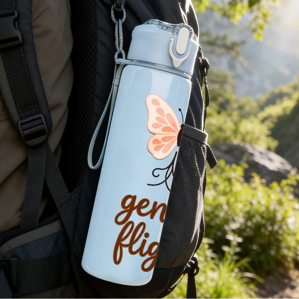 1PC Gentle Flight Butterfly Quote Art 750ml Color Plastic Sports Water Bottle Leakproof Flip Straw Lid Suitable for Sports Office Home Use