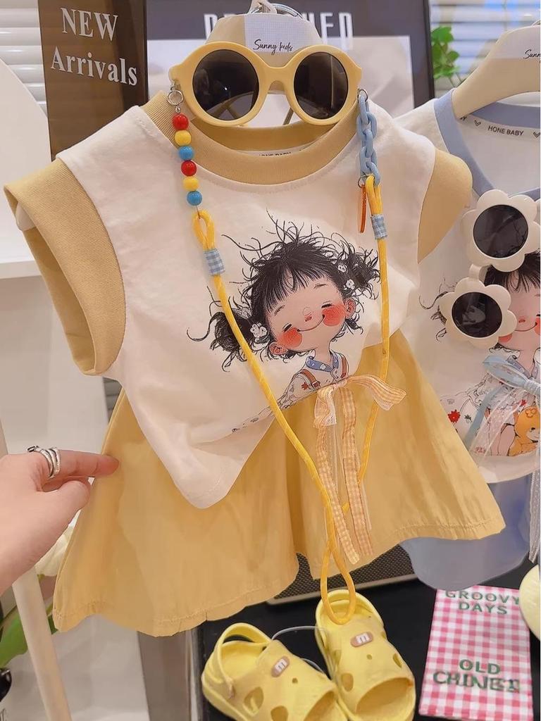 Girls' Dopamine Style Color Block Print Sleeveless Two-Piece Set - Cute Summer T-shirt and Shorts