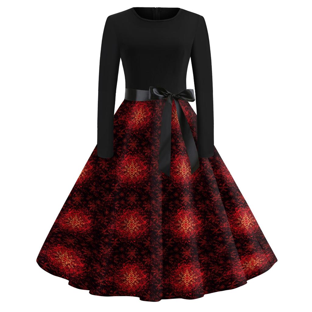 Kadın Günlük Moda Uzun Kollu Noel Grafik Baskılı Vintage Uzun Elbiseler