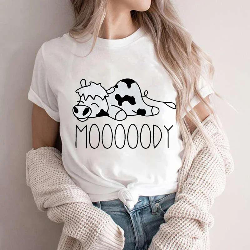 Moooody Cow Kawaii T Shirts Women's Summer Funny T-Shirts Lazy Cow Animal Tees Short Sleeve Clothes Summer Coolness Style Tshirt