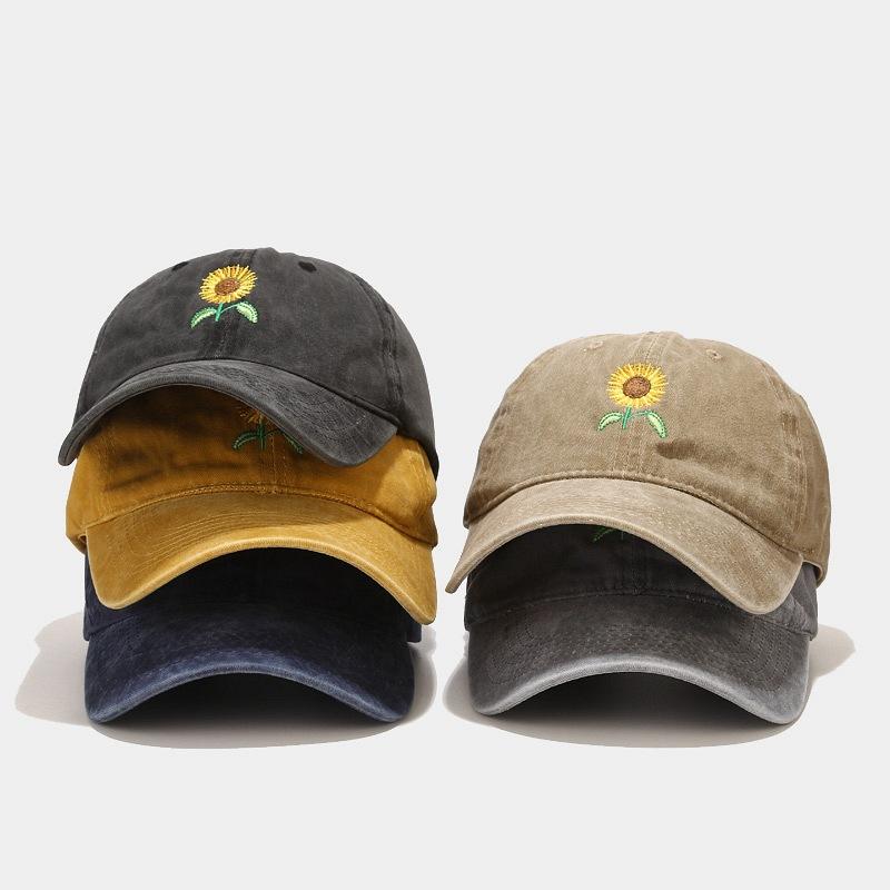 Baseball Cap Women's New Washed Retro Sunflower Embroidered Cap Outdoor Travel Sun Protection Hat Men