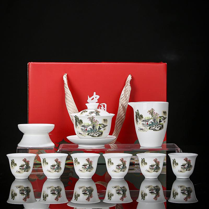 

Белый фарфоровый керамический набор для кунг-фу чая, бытовой, для гостиной, чашка с крышкой, чайная чашка, подарок, подарочная коробка